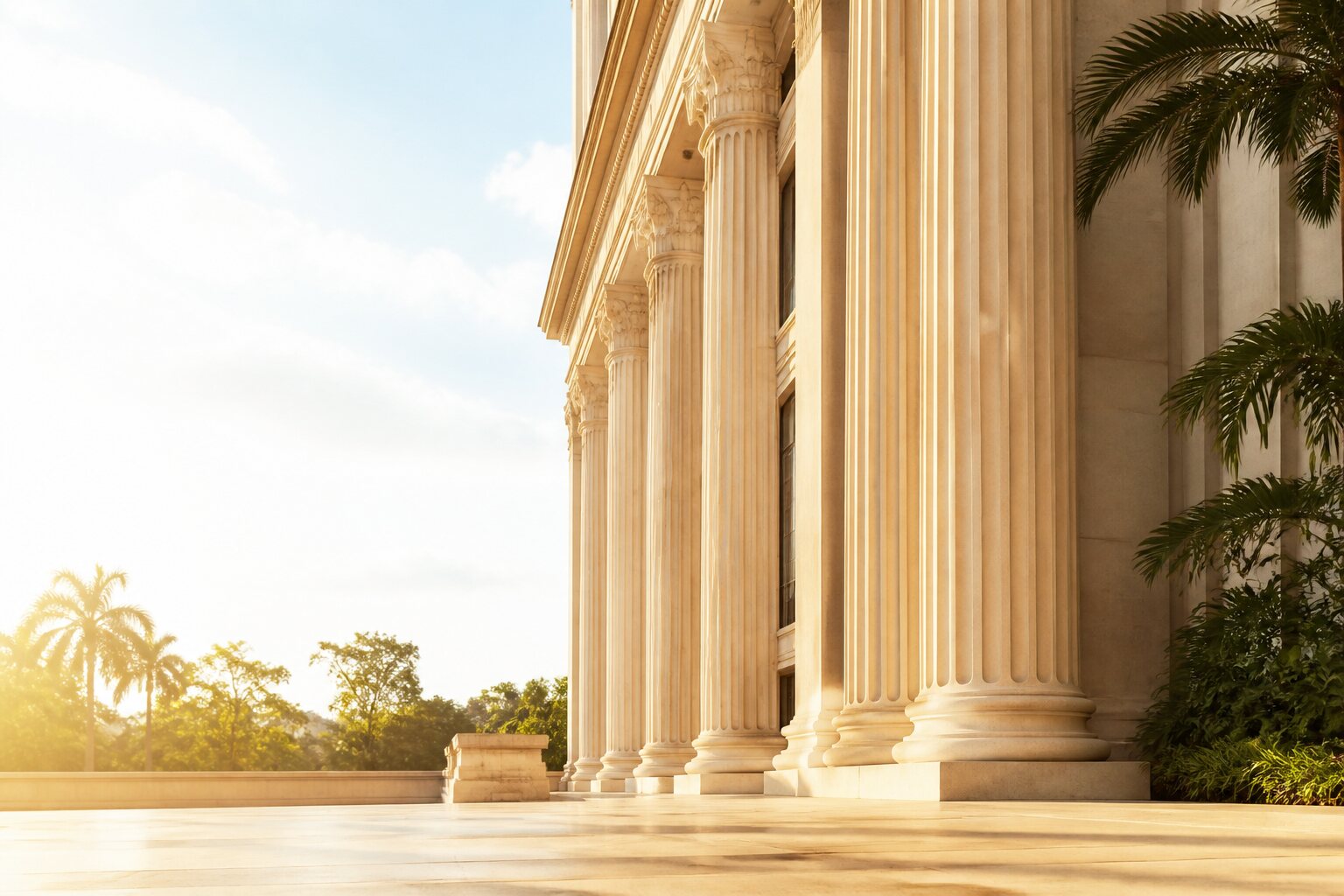 Sunlit neoclassical colonnade in bright morning light