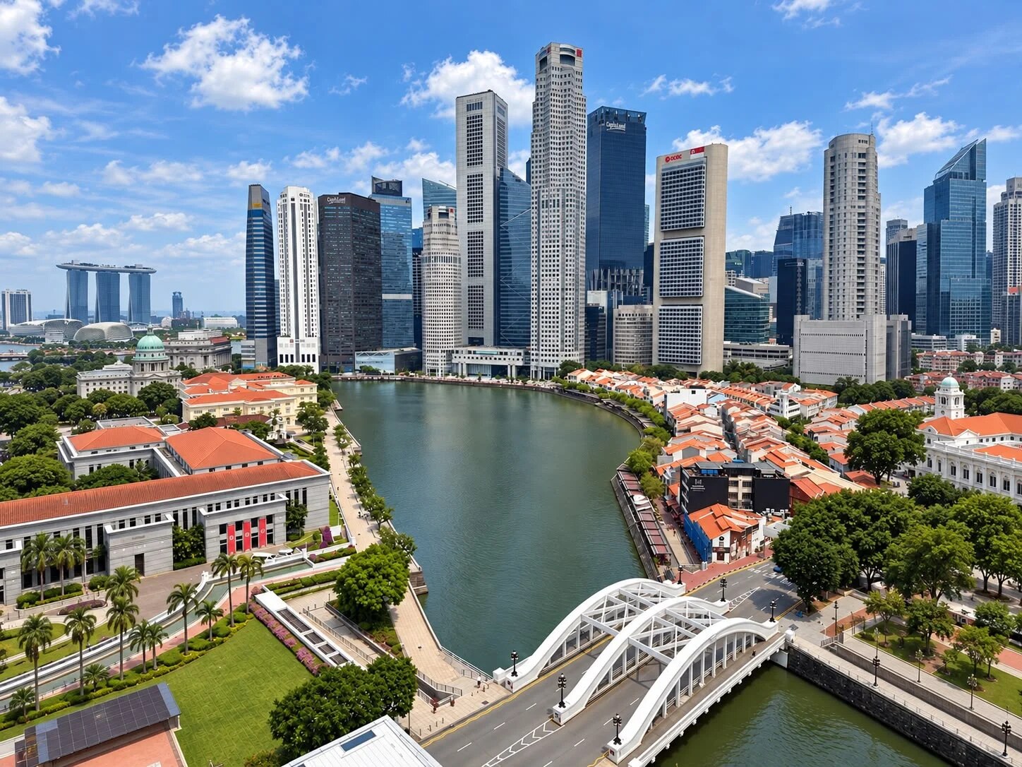 Aerial view of the Singapore River with Boat Quay shophouses, Elgin Bridge and the Central Business District skyline